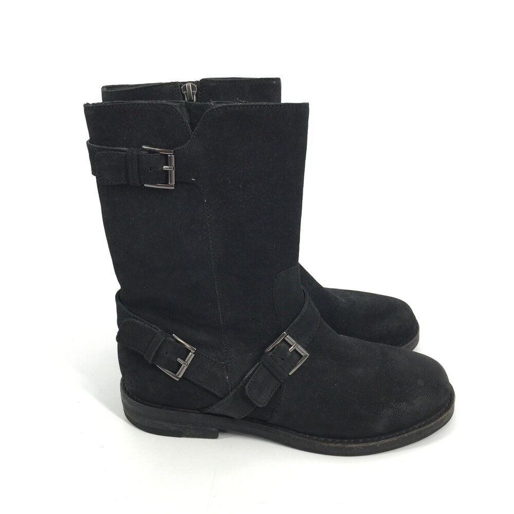 $270 Eileen Fisher Fate Peat Nubuck Boots 7 Womens Black Buckles Side Zip Suede